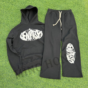 Custom Puff Print Heavyweight Fleece Cropped Hoodie And <b>Sweatpants</b> <b>Sets</b> Men's Tracksuit - Product Image 5