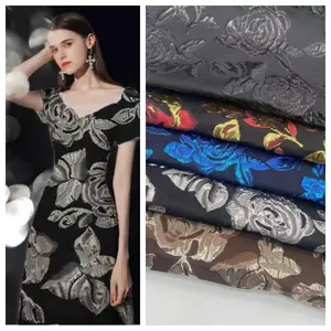 Tecido chinês fornecedor metálico multi cores grandes flores tecido brocado jacquard para as mulheres vestido formal