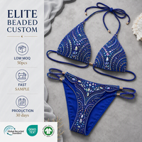 Set Bikini Push Up Mewah Custom dengan Hiasan Tangan, Warna Biru Royal, Berhiaskan Rhinestone dan Manik-Manik, Model Halter Tie-Side Ukuran XL, OEM Private Label