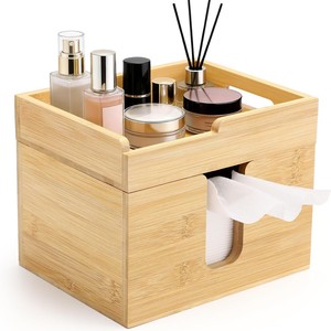 Wooden Cosmetic Organizer <b>Box</b> With Tissue Holder For Bathroom Vanity <b>Makeup</b> Storage Eco-Friendly Bamboo Design - Product Image 1