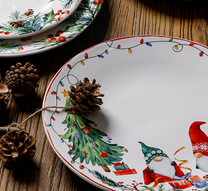 Customizable Christmas Tree Gnome Ceramic Dinner Plates, Hand-Painted Holly Berry Porcelain Platter, Wholesale Holiday Tableware - Product Image 3