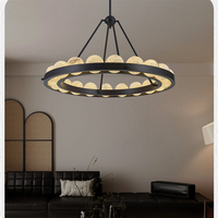 Suspension LED Circulaire Moderne et Personnalisable en Albâtre Noir, Hauteur Réglable, pour Villa, Salon, Hôtel, Style Naturel
