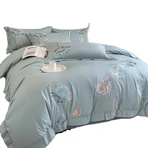 100S埃及棉奢华花朵刺绣宫殿图案-E床上用品套装羽绒被套床单亚麻枕套套装
