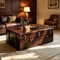 Table basse rétro de style américain en cuir véritable avec rangement, mobilier de maison pour bar, KTV et salons de thé, aucun assemblage requis