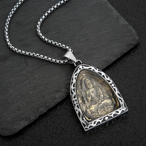 Collar con colgante de Buda de estilo chino Yunnique, cadena larga de plata tibetana para hombre, joyería de regalo con engaste de bisel, diseño geométrico JD215 - Product Image 2