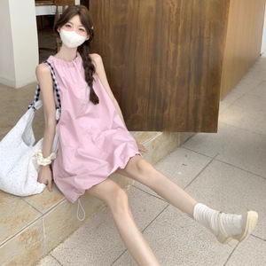 Pink Sleeveless Camisole Dress Loose Waist Breathable Summer Beach Cover Up For Women Solid Color Simple Style - Product Image 3