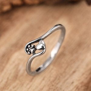 Anello in Argento T0437 con Design a Cuore e Zampa, Placcato in Stile Antico, Argento Sterling 925, Gioiello Unisex Carino da Regalo - Product Image 5