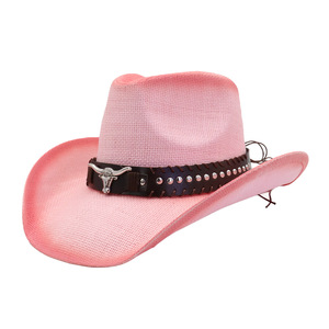 Alta qualità stile Texas <span class=keywords><strong>paglia</strong></span> <span class=keywords><strong>di</strong></span> carta all'ingrosso a tesa larga da uomo cappelli da sole con la classica fascia <span class=keywords><strong>di</strong></span> metallo testa <span class=keywords><strong>di</strong></span> mucca - Product Image 5