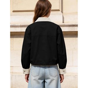 <b>Womens</b> Cropped <b>Jacket</b> Contrast Collar <b>Zip</b> <b>Up</b> Utility Coat With Pockets Autumn Woven Full Sleeve Turn Down Collar - Product Image 4