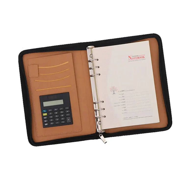 A5 Wholesale Custom PU Leather Portfolio Ring Binder Notebooks with Calculator