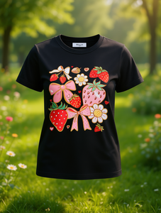 Glissea Women's Summer T-Shirt Round Neck <b>Pink</b> <b>Bow</b> Strawberry Print Cute Style Regular Fit 100% Cotton Jersey - Product Image 2