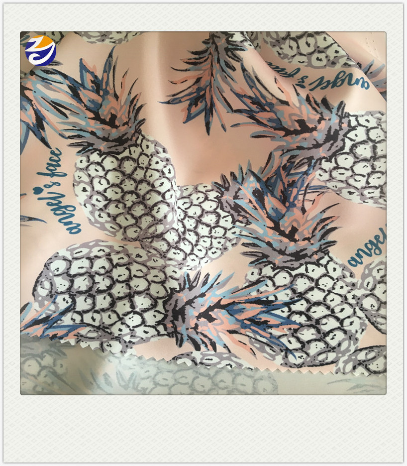 100% переработанный полиэстер шелк атлас скручивание 50D ананасы печатная шифоновая сатиновая ткань