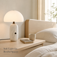 Lampe de table contemporaine en marbre en forme de champignon, lampe de chevet, abat-jour en verre côtelé, base en marbre naturel, lumière LED douce pour les yeux