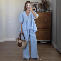 Ensemble Chic Femme en Coton à Manches Bulles et Col en V, Pantalon Large – Tenue Décontractée et Élégante pour l'Été – Vente en Gros