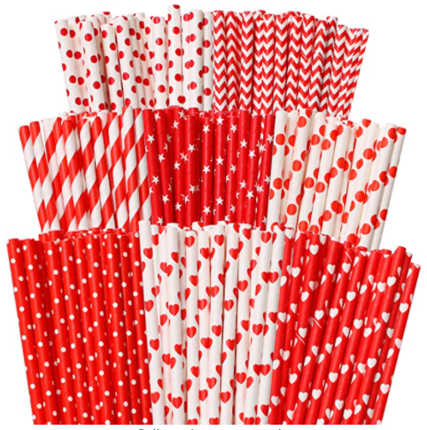 Valentine's Day Paper Straws Red and Pink Biodegradable Drinking Hearts Stripe Bicolor Stripe Dot