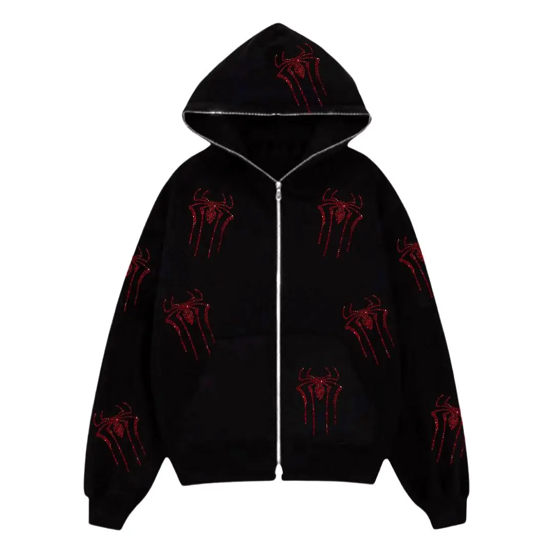 Rhinestones Red Spider Print Y2k Men Zip Up Long Sleeve Oversized Black Hoodie 2023 New Gothic Punk Fashion Casual Sweatshirts