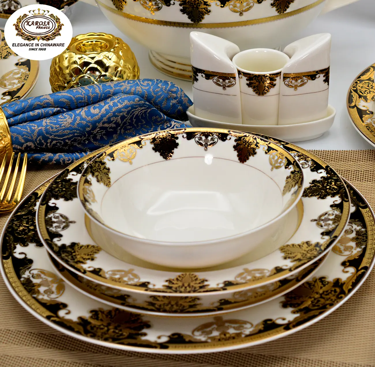 KAROSA 24pcs Luxury bone China Embossed gold dinner plate soup dishes dinnerware set bowl sets
