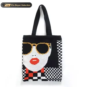 KALANTA Casual Checkerboard Plaid Knitting Tote Bag Cartoon Women Shoulder Bags Girl Crochet Wool Lady Large Shopping Handbags