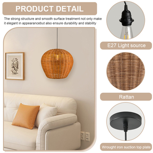 Lampadario Artigianale in Rattan, Lampada <span class=keywords><strong>a</strong></span> Sospensione in Vimini Intrecciato Stile Europeo, Lampada Pendente in Rattan Marrone per Casa, Hotel, Ristorante - Product Image 3