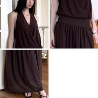 Robe longue marron personnalisée pour femme, col halter en V, croisée, taille haute, plissée, élégante, pour l'été, fabrication OEM