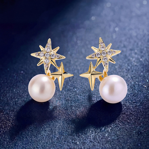 Boucles d'oreilles pendantes en argent S925 plaqué or avec CZ et perle d'eau douce étoile du Nord, bijoux célestes, cadeau pour femme - Product Image 5