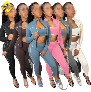 Bộ đồ thể thao nữ phối màu mùa thu 2025 gồm 3 món: Áo bra + Áo khoác dài tay có khóa kéo + Quần - Product Image 1