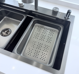 Fregadero de <span class=keywords><strong>Cocina</strong></span> Doble Hecho a Mano con Logotipo Personalizado, Acero Inoxidable 304, Negro Nano, Estación de Trabajo, Enjuagador de Tazas Tipo Cascada, Moderno, para Hotel o Villa - Product Image 4