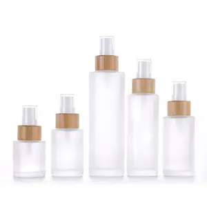 Garrafas de spray para cosméticos, garrafa de vidro fosco com gola de bambu para embalagens de cosméticos, garrafa de spray para cosméticos de névoa fina de 100ml