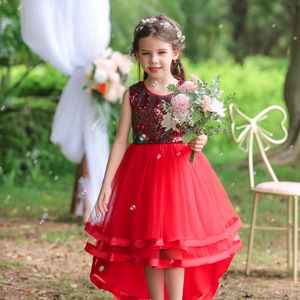 Girls' <b>Sequined</b> Tulle Dress <b>Red</b> O-Neck A-Line Flower Girl Dress For Birthday Parties And Performances - Product Image 3