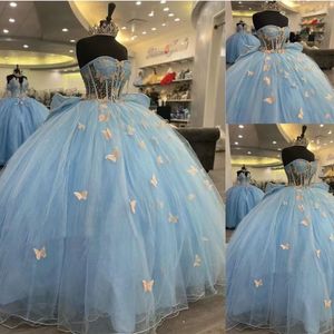 Light Blue Tulle Ball Gown Strapless 3D Butterfly Princess Dress Floral Print Prom Dress Natural Waistline - Product Image 1