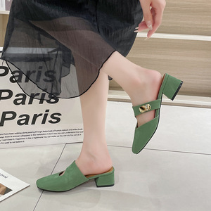 Thick Heel Outwear Elegant Square Toe Cut Out Medium Heel Sals for Women Summer Sexy <b>Slip</b>-on <b>Half</b> Slippers - Product Image 2