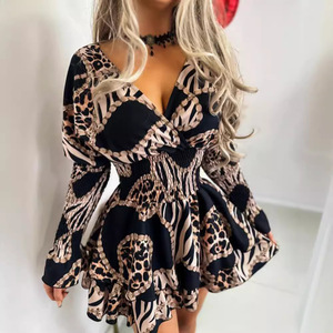 1133 mini vestido con cuello en V y estampado floral <span class=keywords><strong>para</strong></span> mujer, corto, informal, acampanado, en forma de A, ropa formal de talla grande, manga larga de otoño <span class=keywords><strong>para</strong></span> mujer joven - Product Image 3