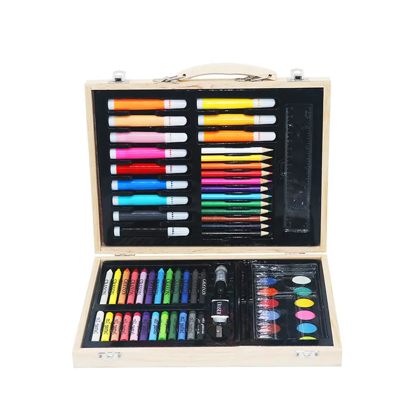 Renkli kurşun kalem seti sanat malzemeleri ahşap kutu ambalaj 67 adet akrilik boyama seti
