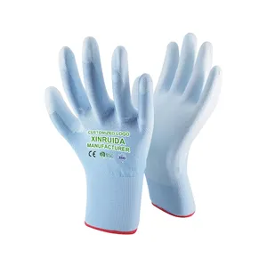 Yüksek kaliteli ESD eldiven açık mavi naylon beyaz palmiye kaplı PU eldiven parmak