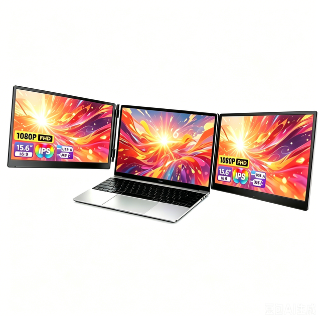 Folding Laptop Monitor 15.6 Inch Portable Dual Triple Screen Extender Ultra-Slim Plug & Play Compatible with 13"-17" Laptops