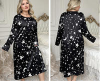 Gaun Tidur Satin Sutra Ukuran Besar Wanita Lengan Panjang Pakaian Tidur Motif Bintang Bulan Gaun Malam Elegan Pakaian Santai Gaun Maxi