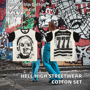 เสื้อยืดแขนสั้นและกางเกงขาสั้นเซ็ตสไตล์ลำลอง แบรนด์ Hell High Street Fashion ผ้าเจอร์ซีย์ถัก ทรงโอเวอร์ไซส์ ระบายอากาศได้ดี ผลิตจากผ้าฝ้าย 100% น้ำหนัก 180-250 กรัม เหมาะสำหรับทั้งชายและหญิง - Product Image 2