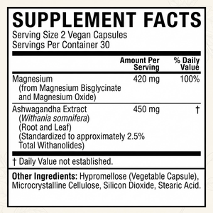 Cápsulas de Magnesio 420mg y Ashwagandha 450mg, 60 Unidades, Fabricante OEM ODM, Etiqueta Privada, Directo de Fábrica - Product Image 3