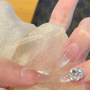 Faux ongles à presser nude dégradé avec perles de verre effet aurora et strass géants en cristal pour mariage, usage quotidien, rendez-vous, fête, vacances - Product Image 3