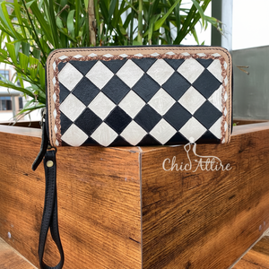 Pochette à carreaux en cuir véritable à la mode de style occidental pour dames avec fermeture éclair à la main avec portefeuille multi-usages - Product Image 1