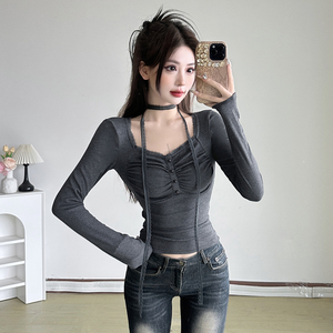 Camiseta de manga larga con cuello cuadrado con volantes y botones, con ribete de encaje, ajustada, con un delicado pañuelo, camiseta básica de otoño para mujer - Product Image 6