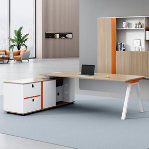 Meja Kantor Bentuk L Modern dengan Kabinet Samping, Meja Komputer Kantor Minimalis Kayu Putih, Furnitur Kantor Kaki Logam - Product Image 4