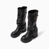 Bottes mi-mollet vintage pour femme, style décontracté, en PU, à plateforme et semelle crantée, avec boucle et rivets, logo personnalisé, faible MOQ, vente en gros, usine OEM ODM