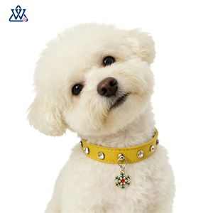 Pet <b>Dog</b> <b>Collar</b> PU Leather Yellow Jeweled Christmas Pendant Small Breed Winter Solid Color - Product Image 1