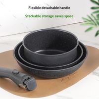Ensemble de 3 ustensiles de cuisson empilables antiadhésifs avec poignée détachable, comprenant une marmite, une poêle et un wok en granit moucheté, avec couvercles en verre, gain de place
