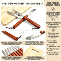Ensemble de 10 couteaux à steak et fourchettes en acier inoxydable avec manche en bois, planche à découper en pin, pour le camping en plein air, le barbecue et la cuisine