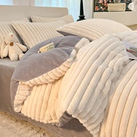 Parure de lit 4 pièces en velours de lapin synthétique épais et doux pour l'hiver, comprenant housse de couette, taies d'oreiller et drap-housse