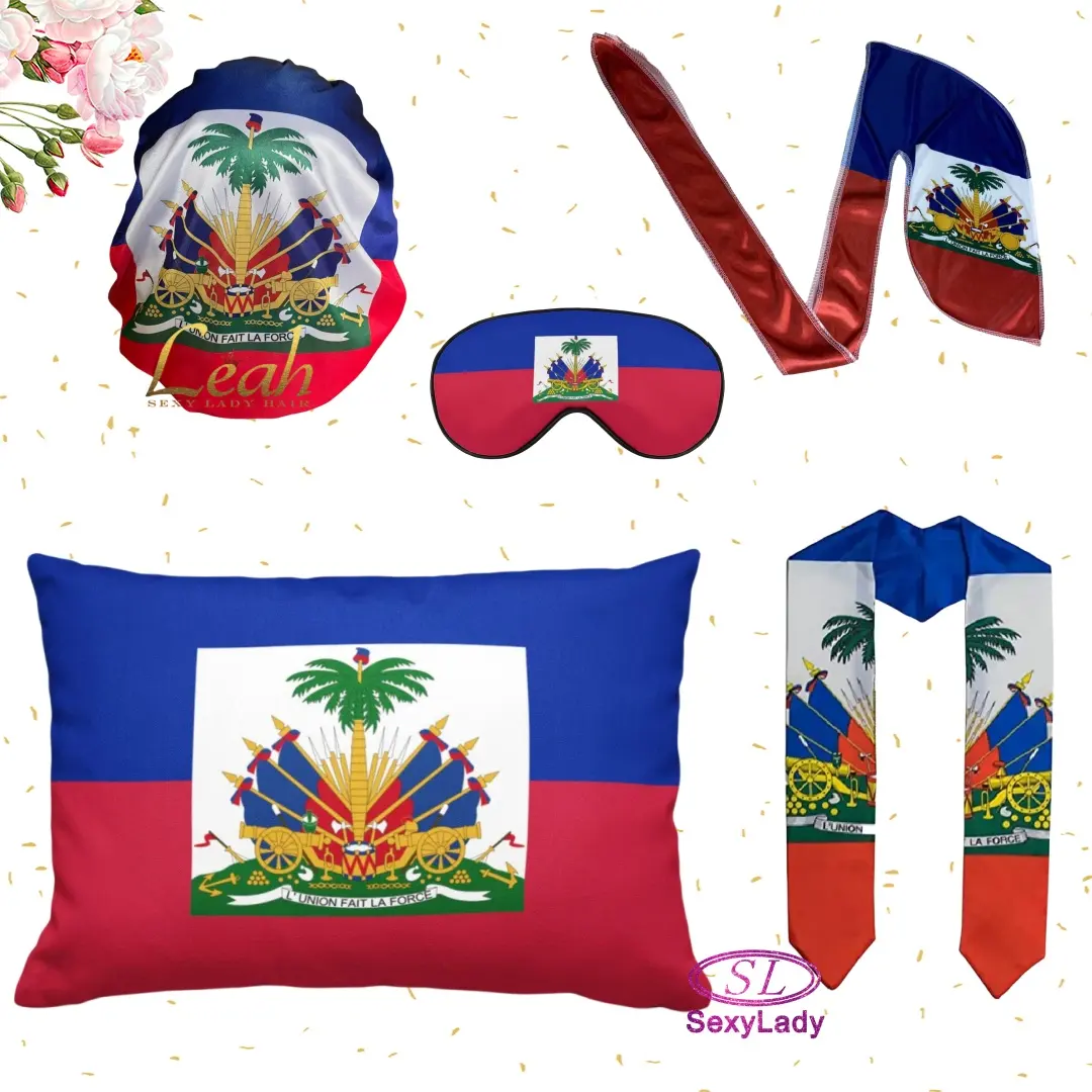 Wholesale Luxury Soft Satin Haiti Flag Hair Bonnets Pillow Cases Eye Masks Durags-Digital Printing Silk Winter Sports Travel