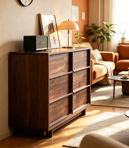 Midcentury Modern Solid Wood Storage Cabinet <b>6</b> <b>Drawers</b> Slab Doors Living Room Furniture - Product Image 2
