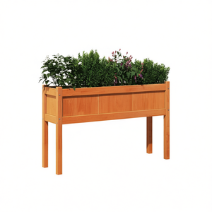 Solid Pine Wood Garden Planter <b>Rectangular</b> Elevated <b>Flower</b> <b>Pot</b> For Outdoor Use Brown Finish Elegant Design - Product Image 1